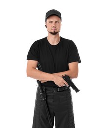 Photo of Young bodyguard with gun isolated on white