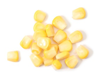 Photo of Pile of fresh corn kernels isolated on white, top view