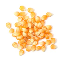 Photo of Pile of fresh corn kernels on white background, flat lay