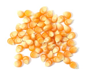 Photo of Pile of fresh corn kernels on white background, flat lay