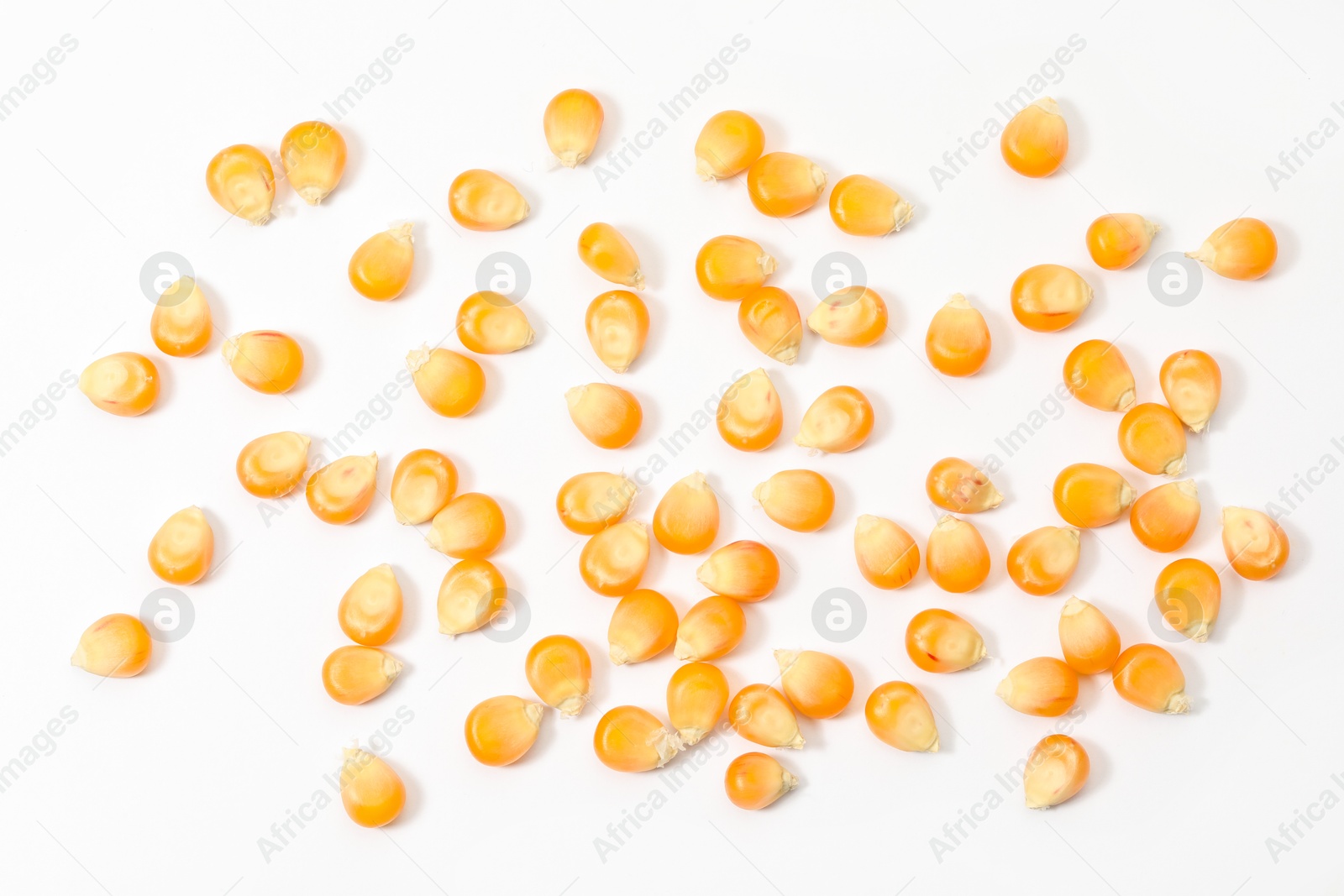 Photo of Many fresh corn kernels on white background, flat lay