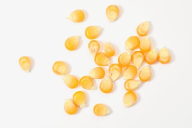 Photo of Many fresh corn kernels on white background, flat lay