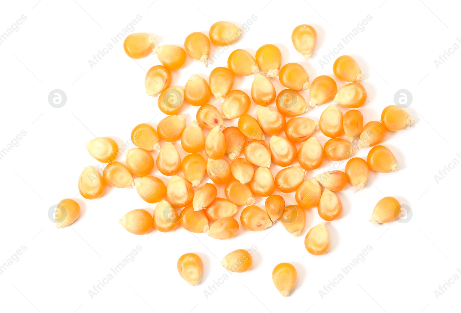 Photo of Pile of fresh corn kernels on white background, flat lay