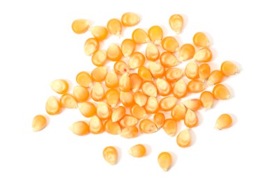 Photo of Pile of fresh corn kernels on white background, flat lay