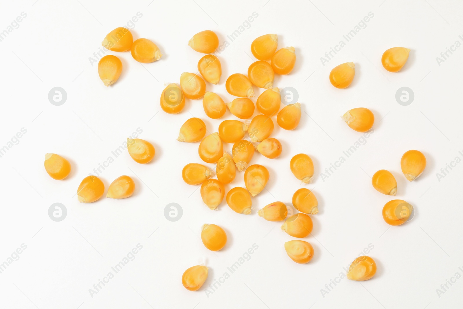 Photo of Many fresh corn kernels on white background, flat lay