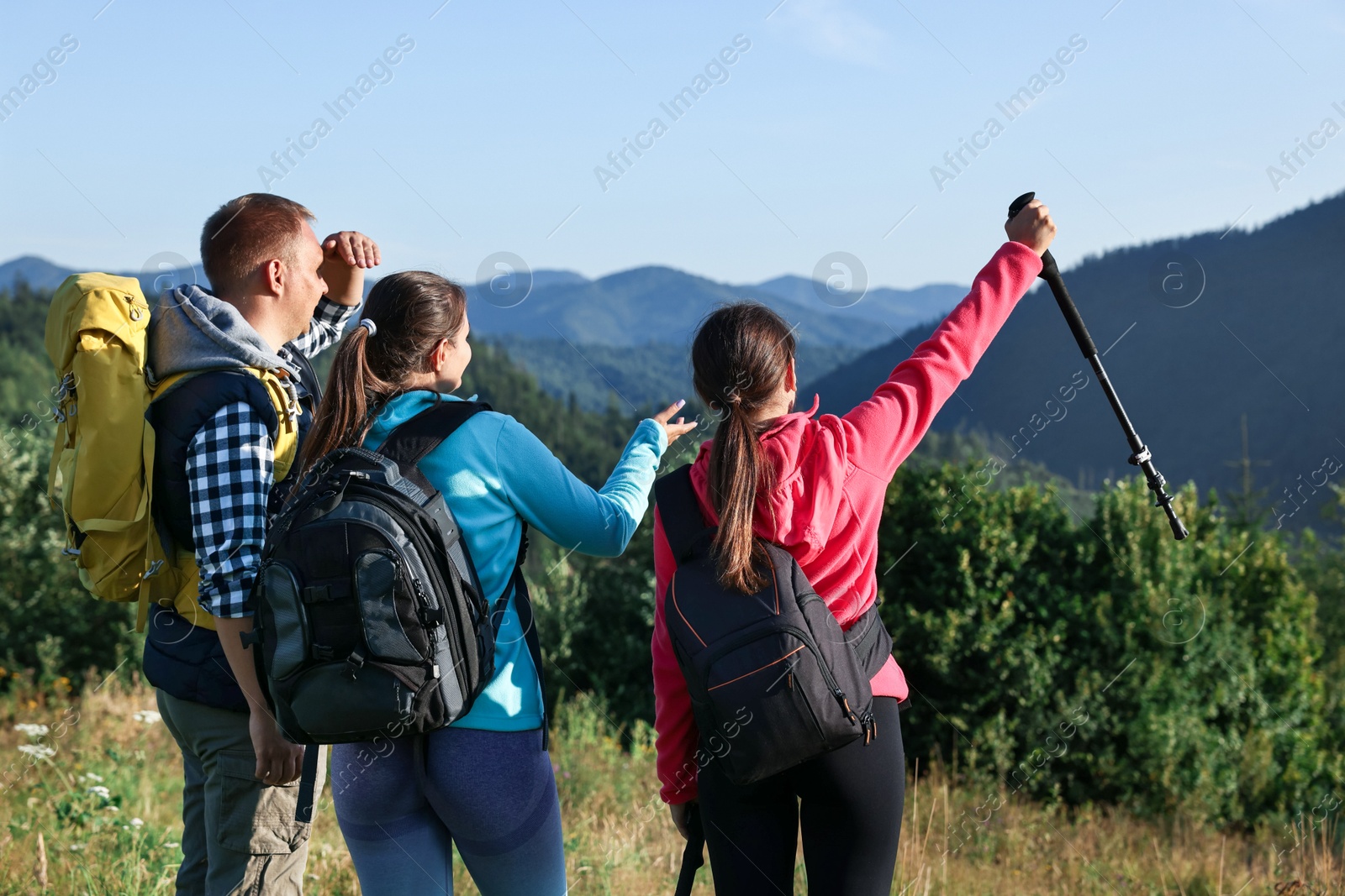 Photo of Friends with backpacks in beautiful mountains, back view