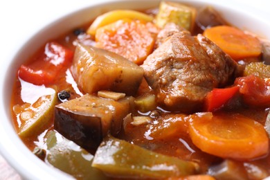 Photo of Delicious stew with vegetables in bowl, closeup