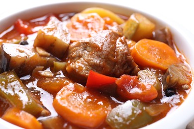 Photo of Delicious stew with vegetables in bowl, closeup