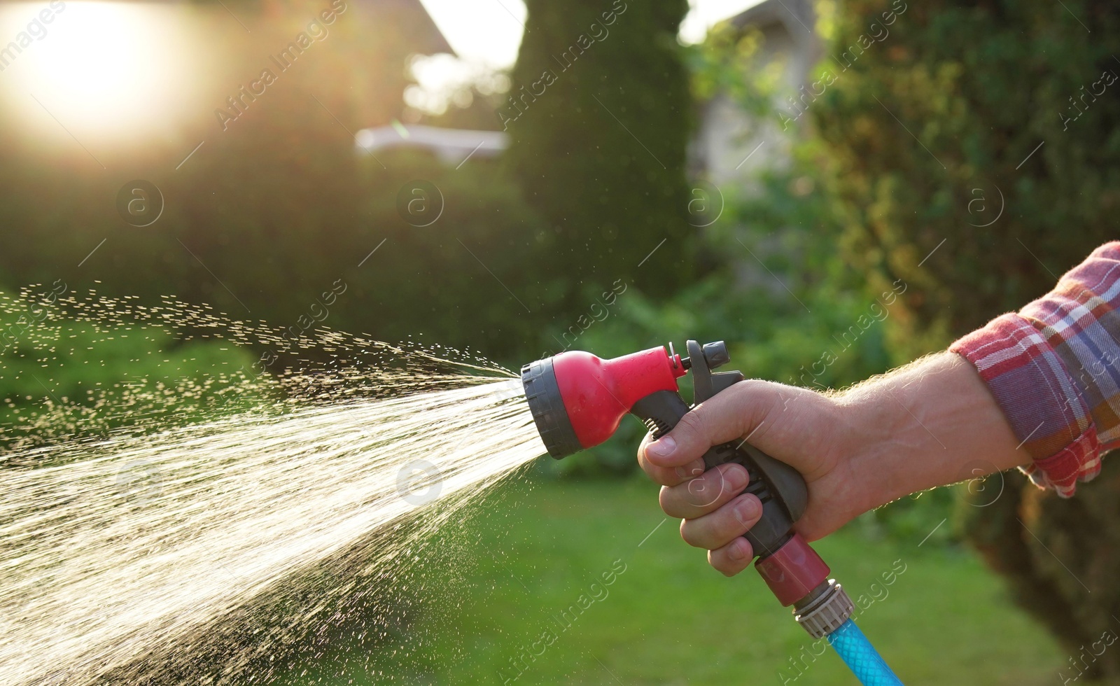 Photo of Man watering lawn with hose in backyard, closeup