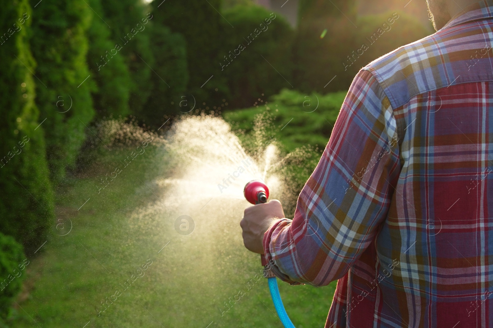 Photo of Man watering lawn with hose in backyard, closeup