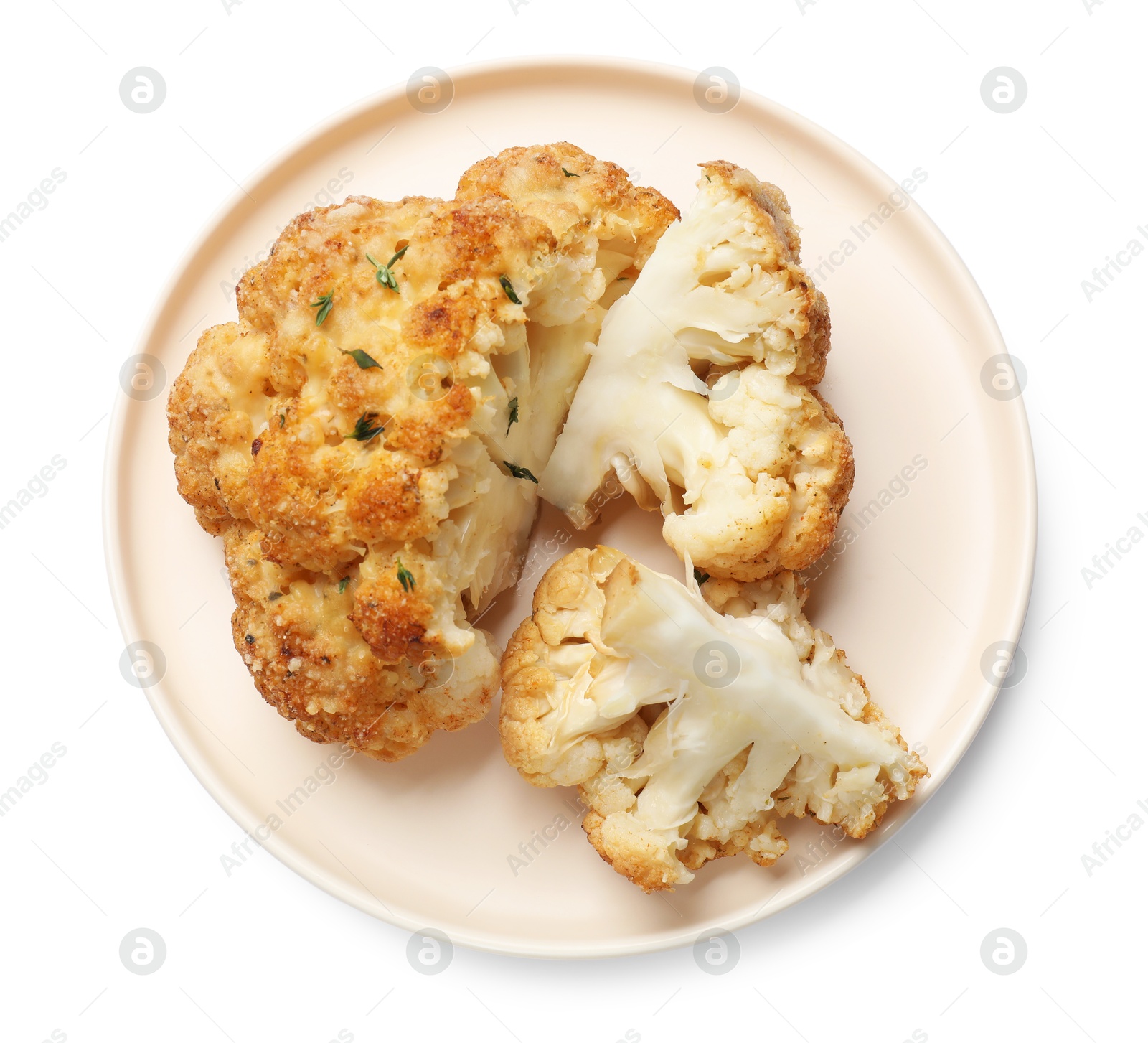 Photo of Delicious baked cauliflower isolated on white, top view