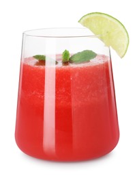 Photo of Tasty watermelon drink in glass, mint and lime isolated on white