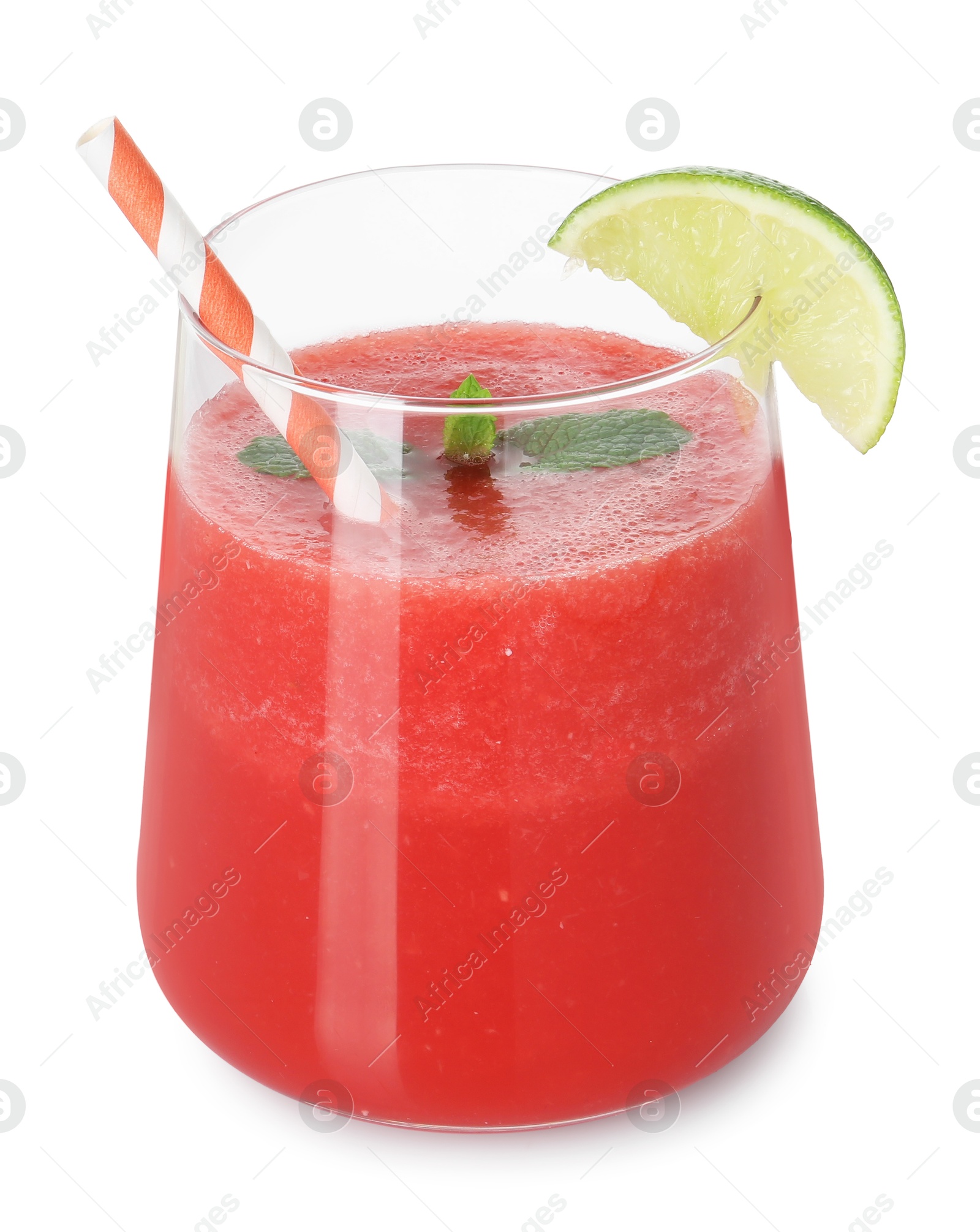 Photo of Tasty watermelon drink in glass, mint and lime isolated on white