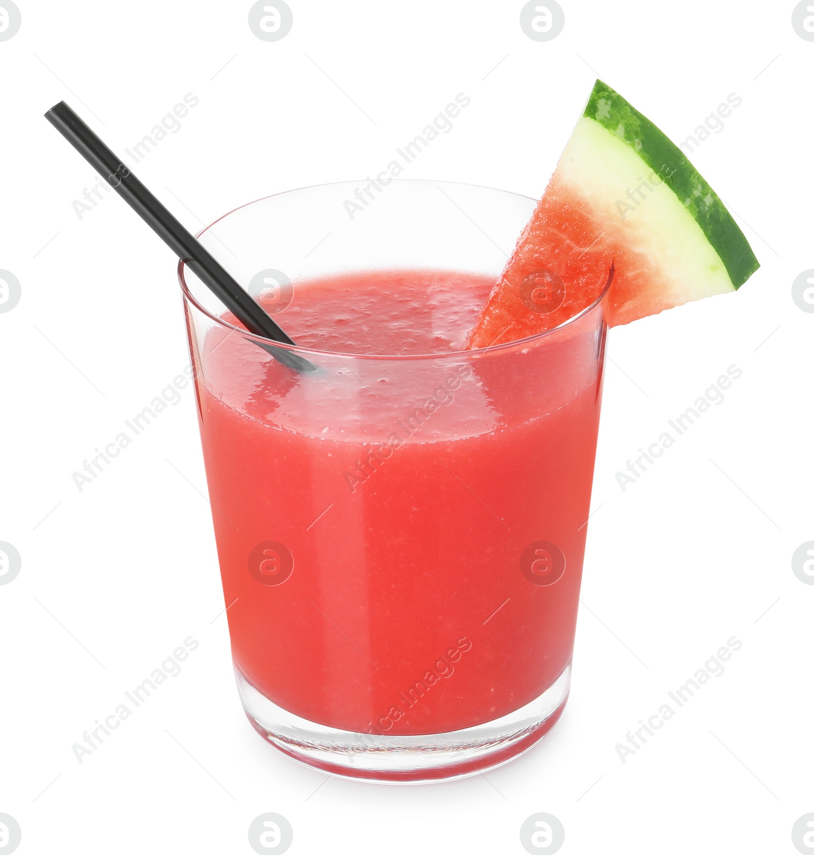 Photo of Tasty watermelon drink in glass and fresh fruit isolated on white