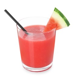 Photo of Tasty watermelon drink in glass and fresh fruit isolated on white