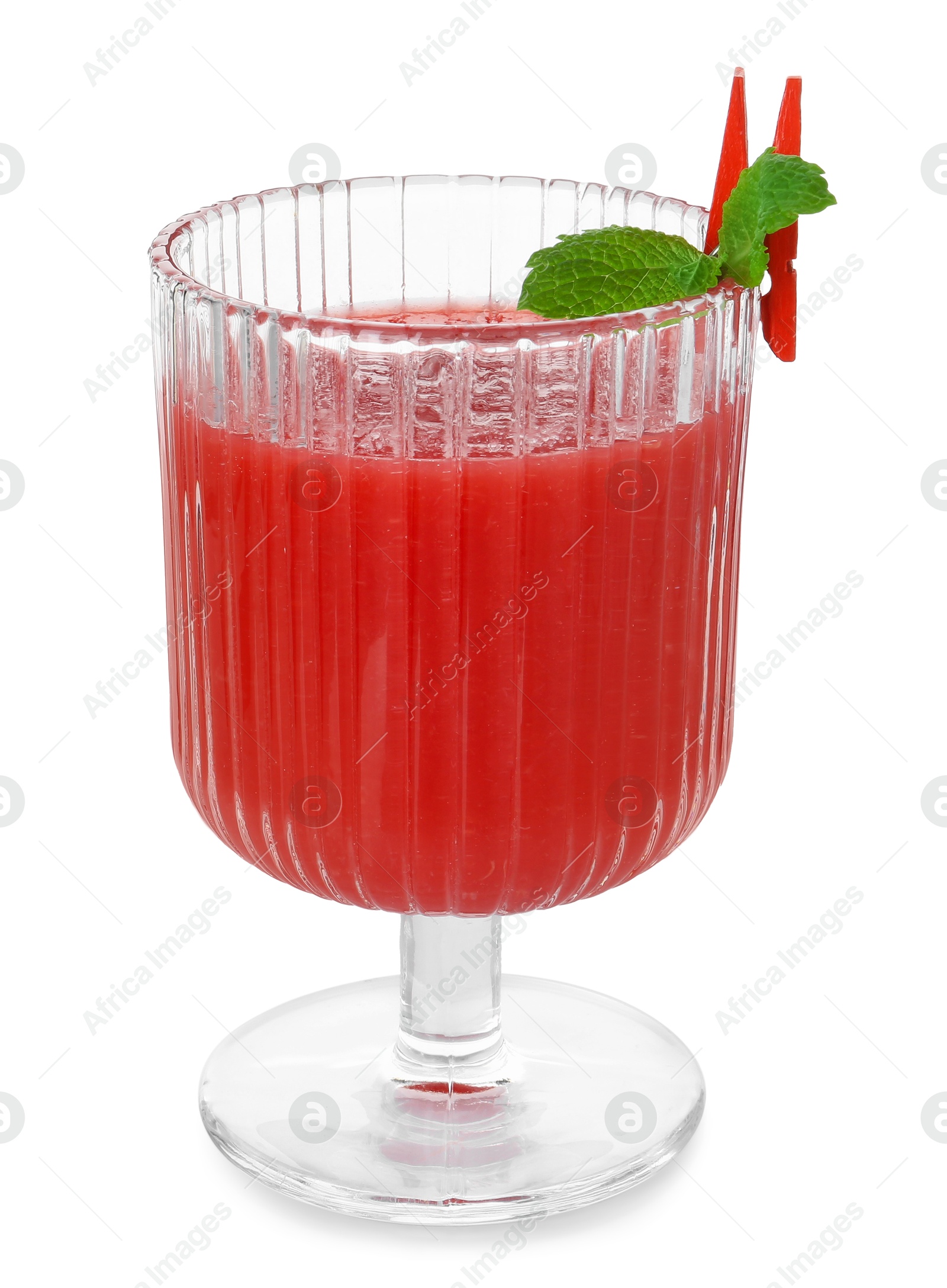 Photo of Tasty watermelon drink in glass and mint isolated on white