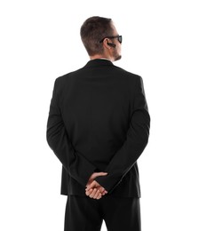 Photo of Bodyguard in suit isolated on white, back view