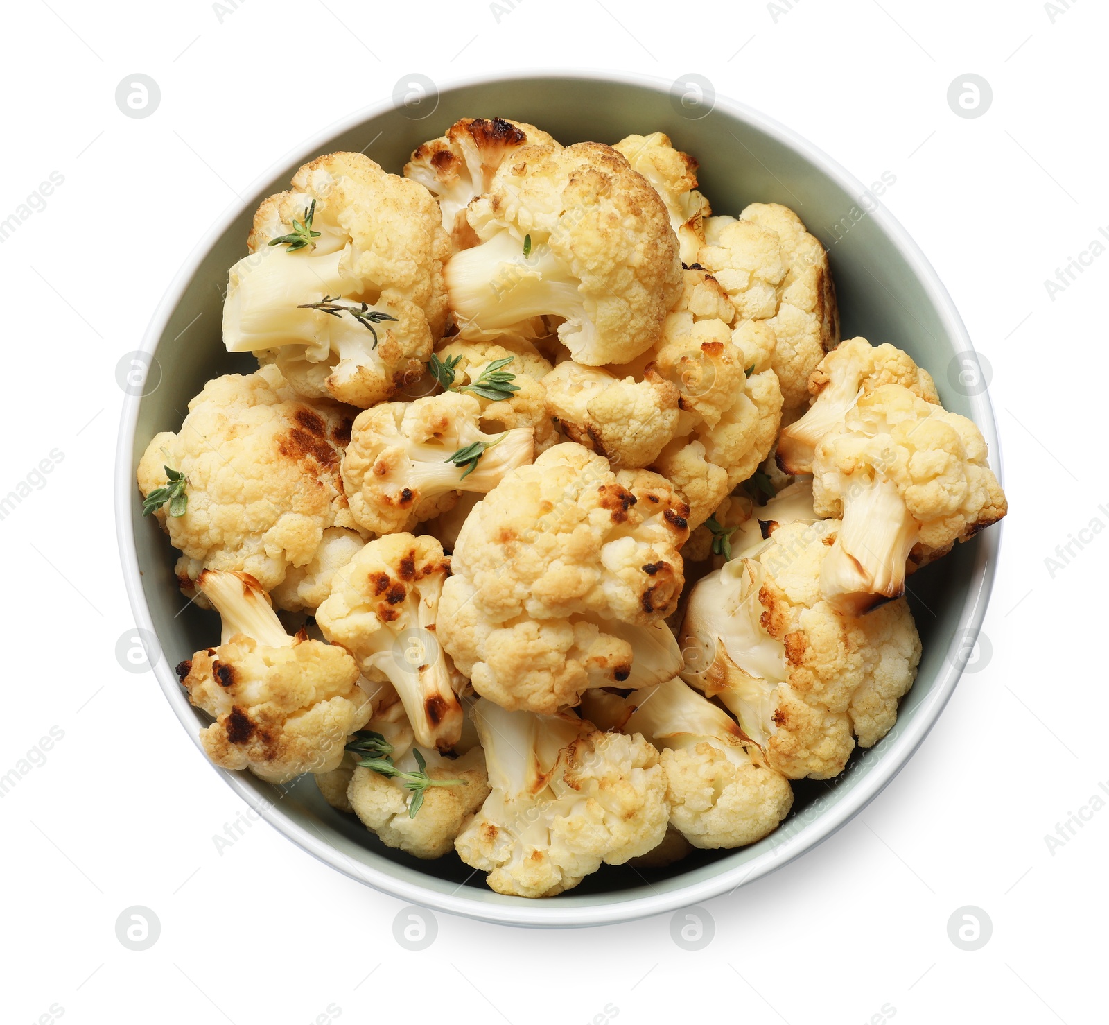 Photo of Baked cauliflower in bowl on white background, top view