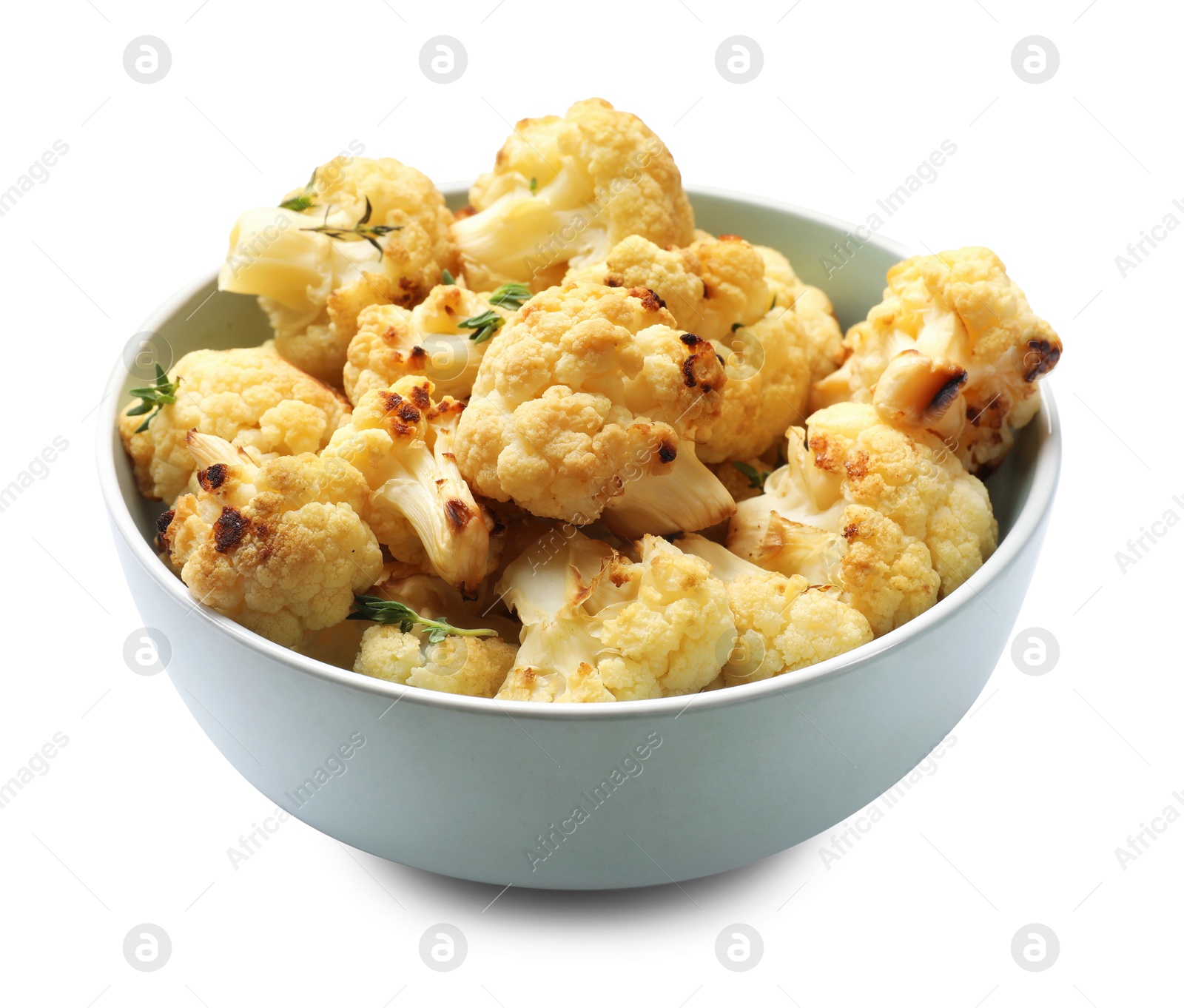 Photo of Baked cauliflower in bowl on white background