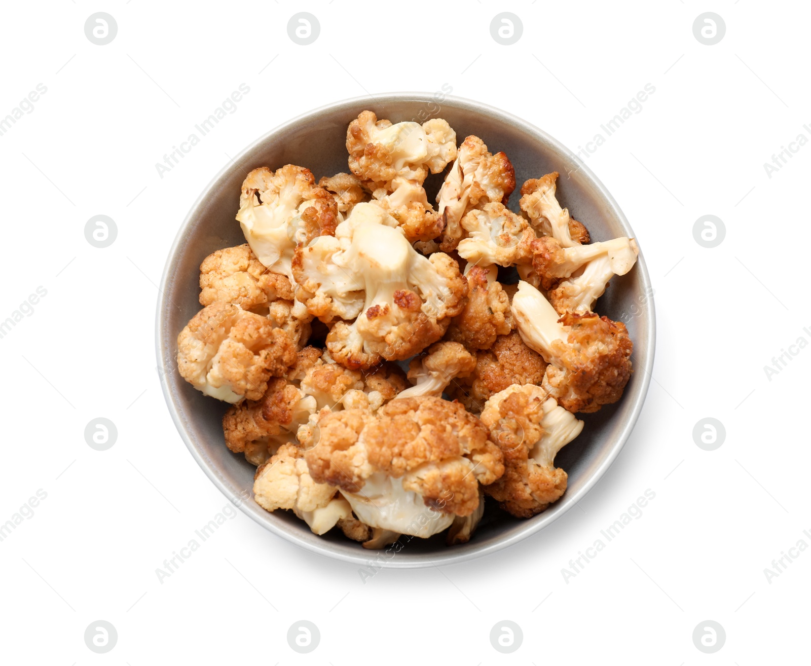 Photo of Baked cauliflower in bowl on white background, top view