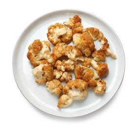 Photo of Plate with baked cauliflower on white background, top view