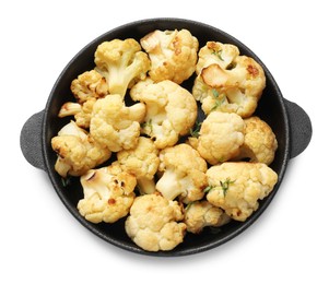 Baked cauliflower in baking dish on white background, top view