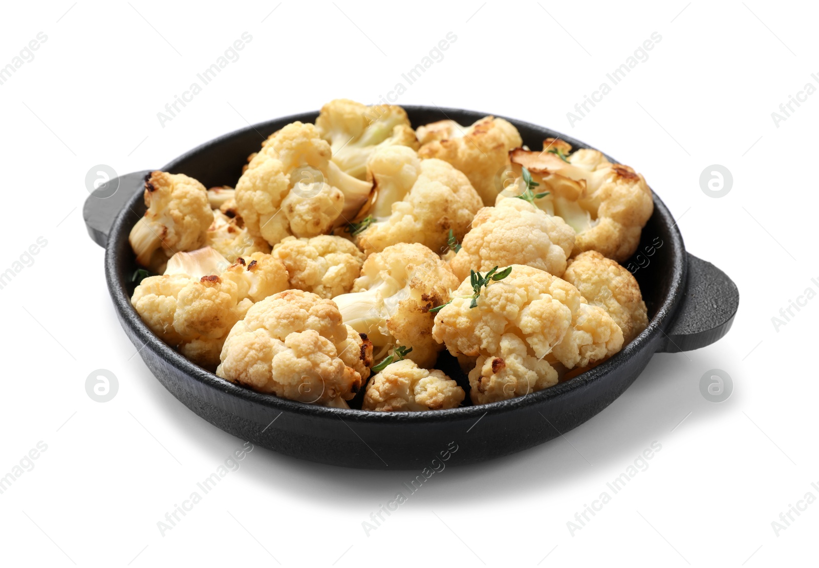 Photo of Baked cauliflower in baking dish on white background