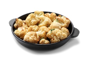 Photo of Baked cauliflower in baking dish on white background