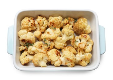 Photo of Baked cauliflower in baking dish on white background, top view