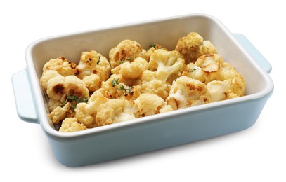 Baked cauliflower in baking dish on white background