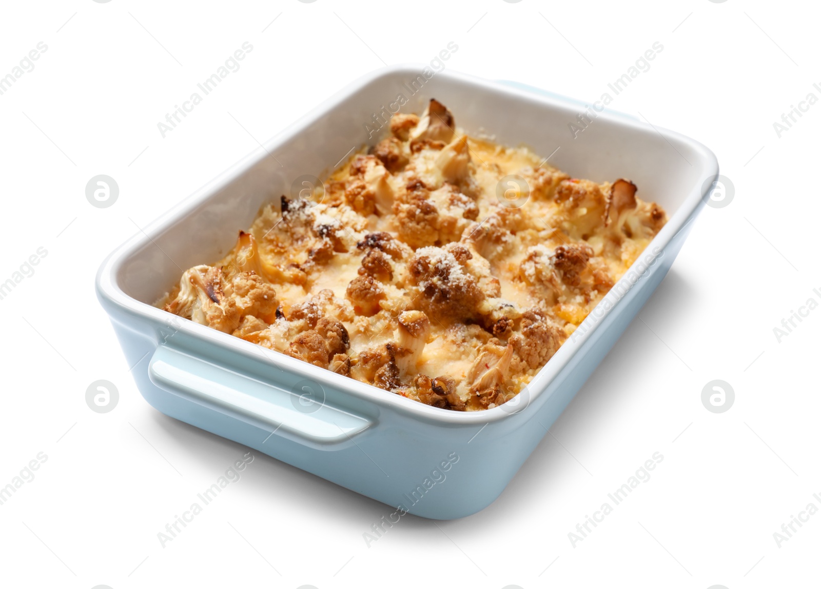 Photo of Tasty baked cauliflower in baking dish isolated on white