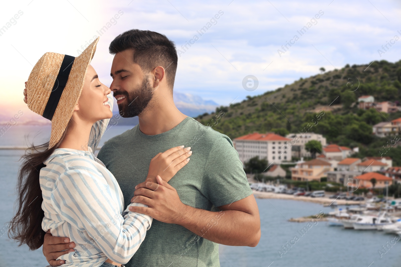 Image of Happy couple enjoying their honeymoon. Newlyweds during wedding trip