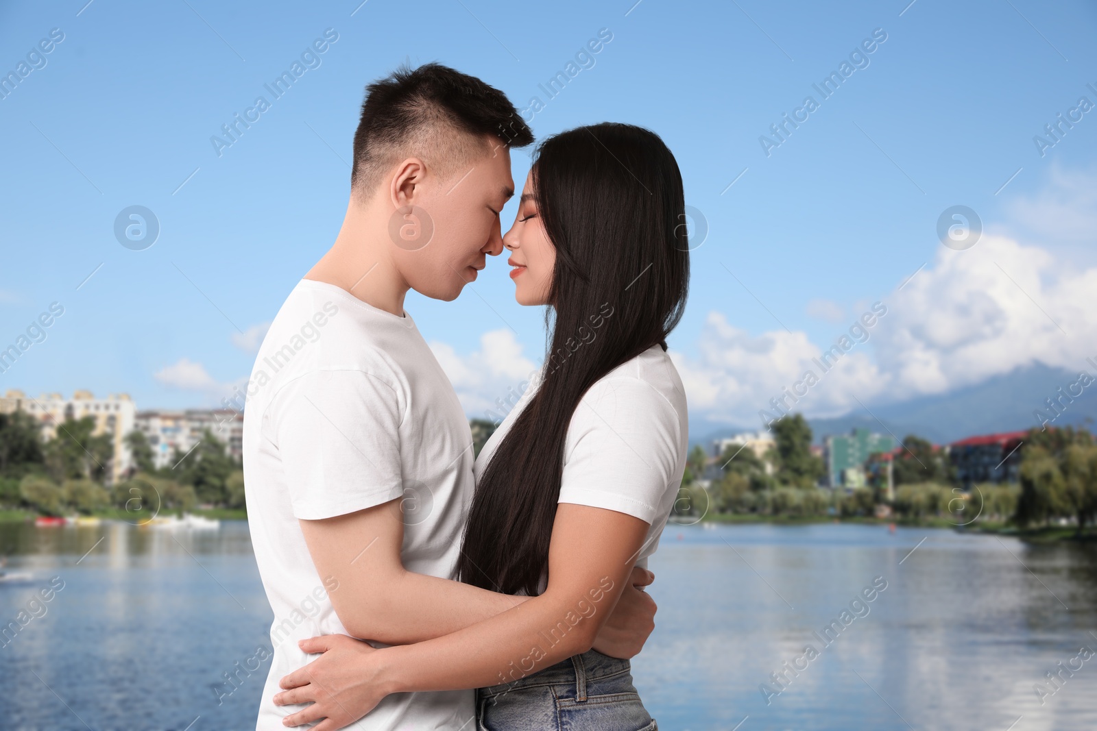 Image of Happy couple enjoying their honeymoon. Newlyweds during wedding trip