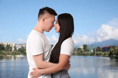 Image of Happy couple enjoying their honeymoon. Newlyweds during wedding trip