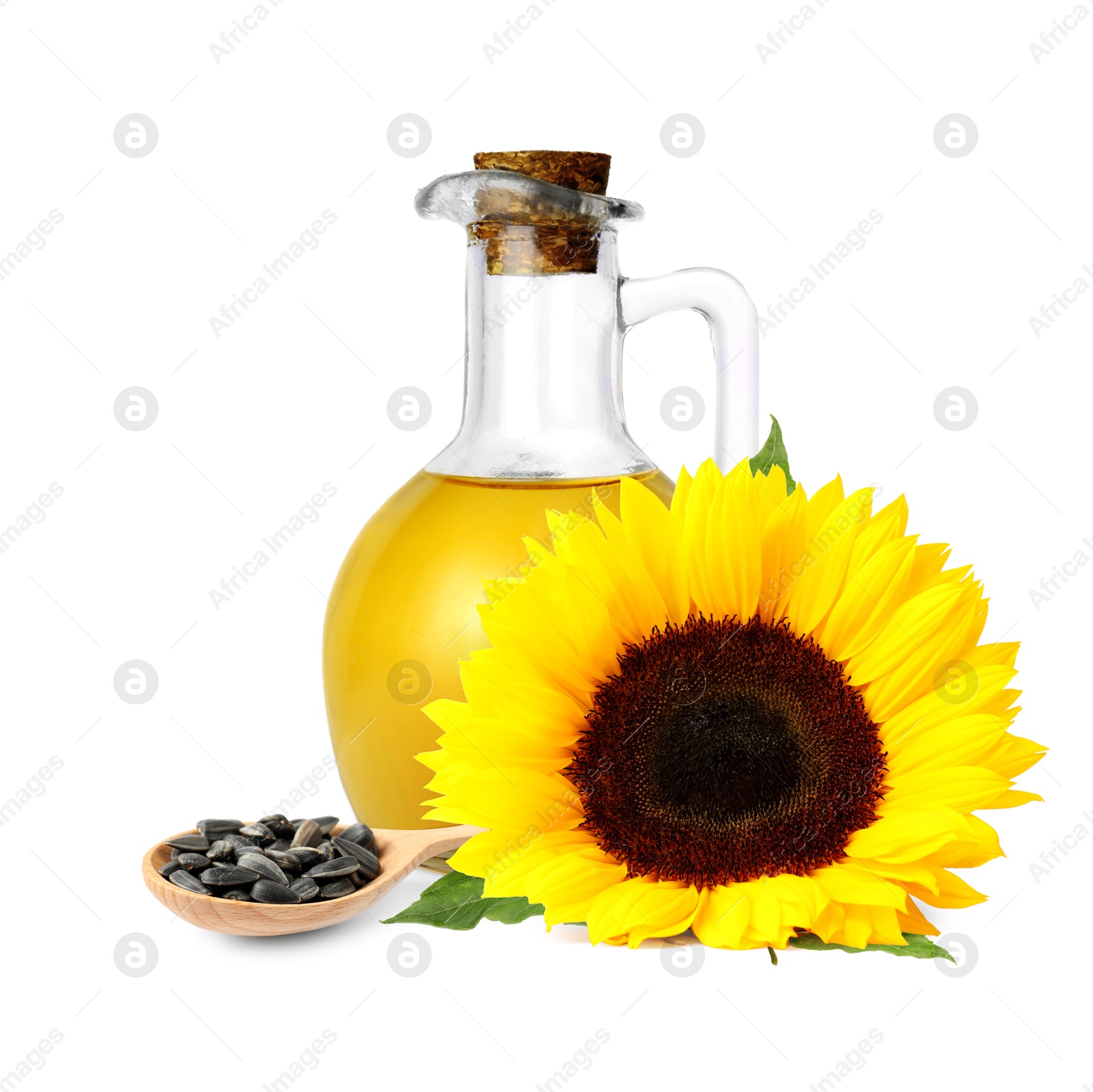 Image of Cooking oil in glass jug, sunflower seeds and flower isolated on white