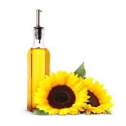 Image of Cooking oil in glass bottle and bright sunflowers isolated on white