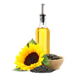 Image of Cooking oil in glass bottle, sunflower seeds and flower isolated on white