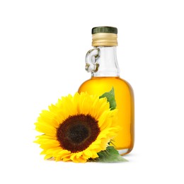 Image of Cooking oil in glass bottle and bright sunflower isolated on white