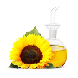 Image of Cooking oil in glass cruet and bright sunflowers isolated on white