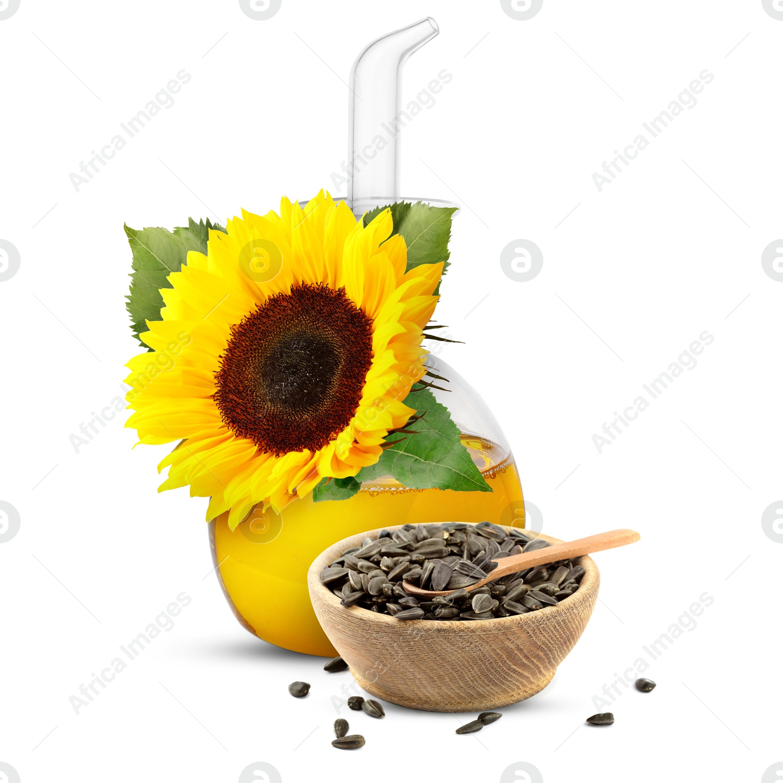 Image of Cooking oil in glass cruet, sunflower seeds and flower isolated on white