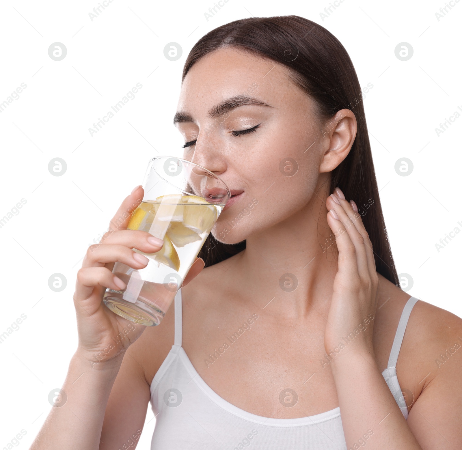 Photo of Woman drinking water with lemon on white background