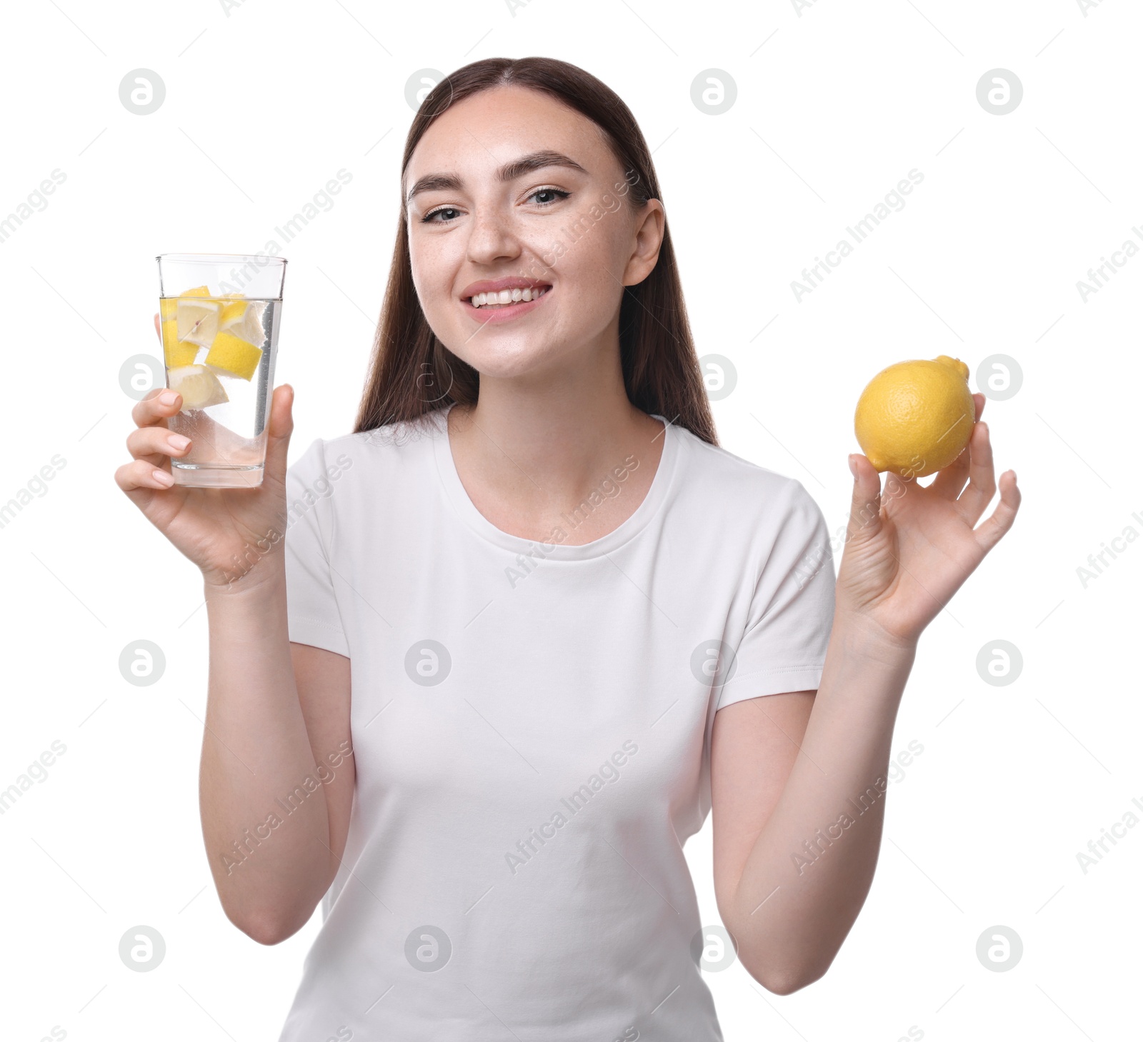 Photo of Woman with glass of lemon water and fruit on white background