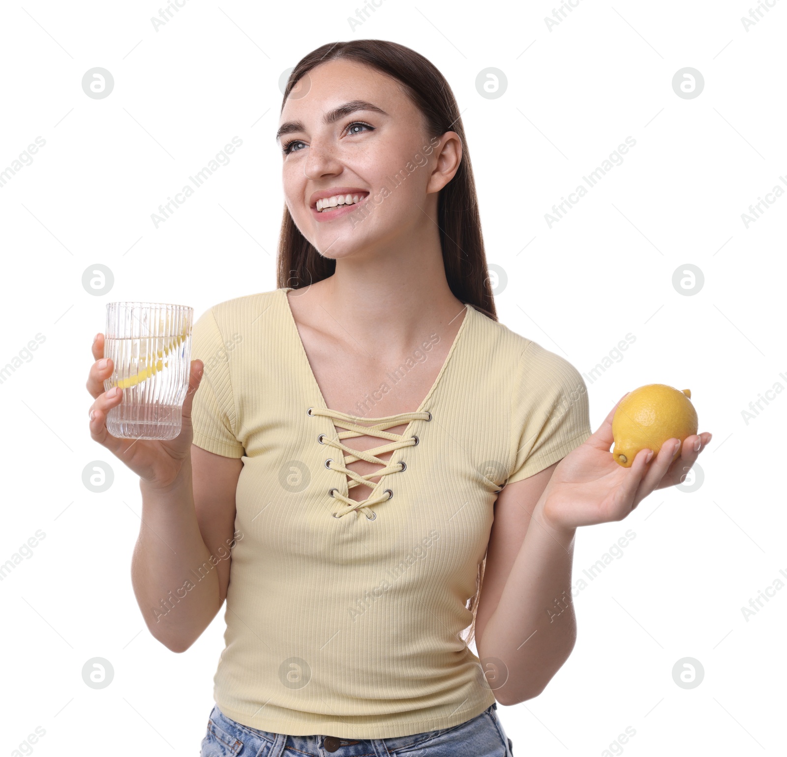 Photo of Woman with glass of lemon water and fruit on white background