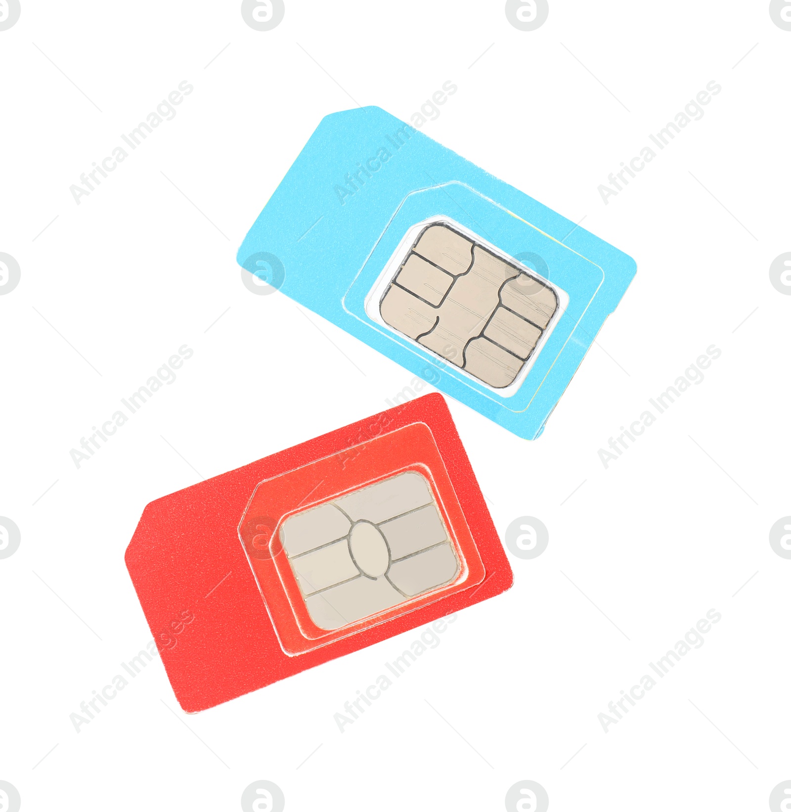 Photo of Two SIM cards isolated on white, top view