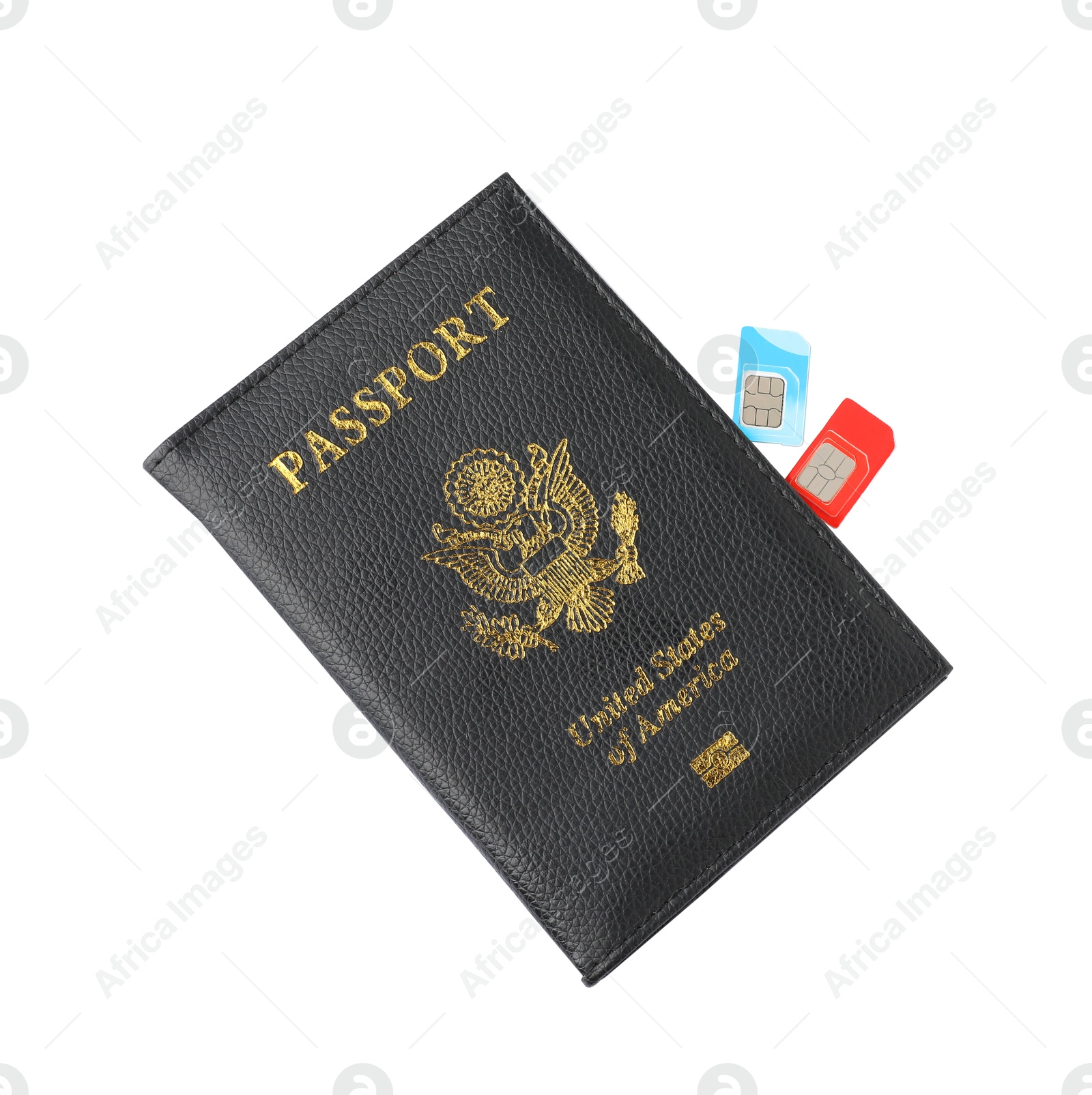 Photo of Passport and SIM cards isolated on white, top view