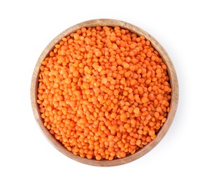 Photo of Raw lentils in bowl isolated on white, top view