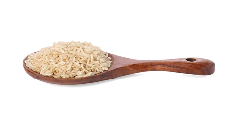 Raw rice in wooden spoon isolated on white