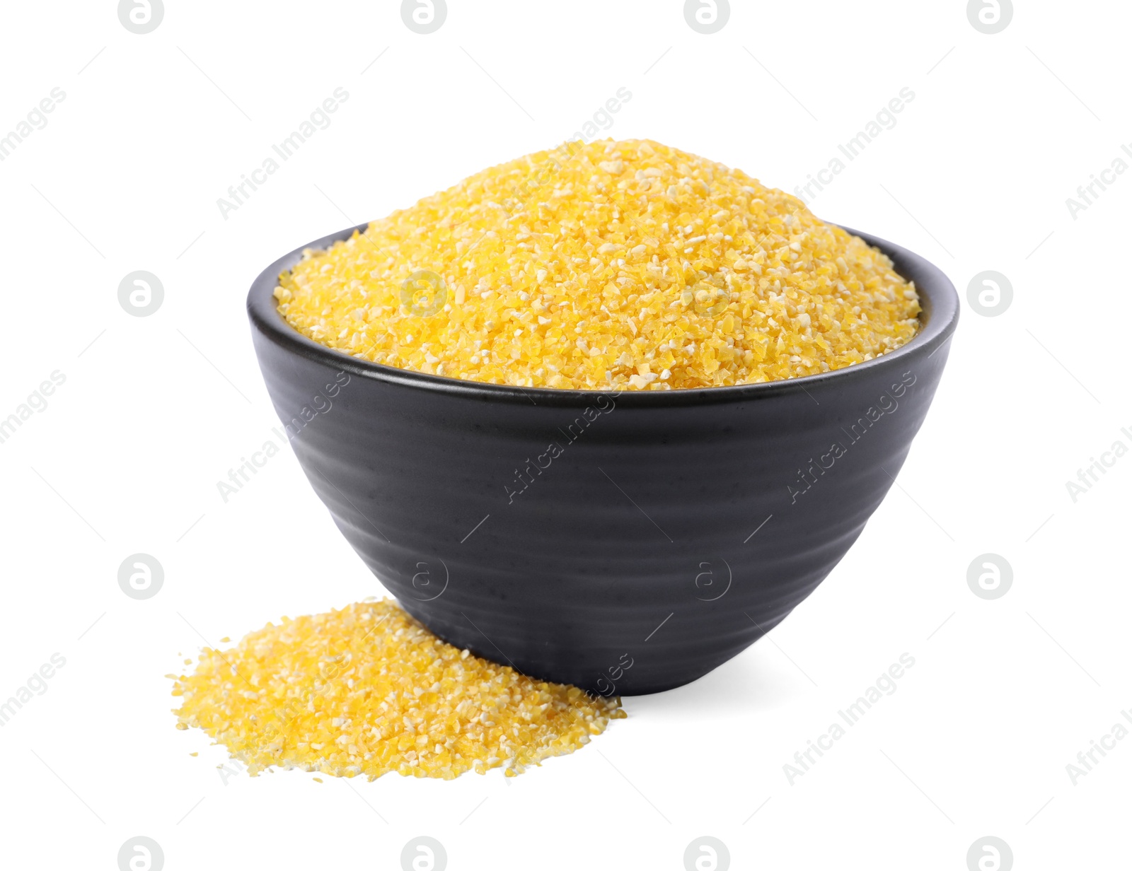 Photo of Raw cornmeal in bowl isolated on white