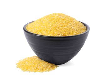 Photo of Raw cornmeal in bowl isolated on white