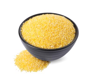 Raw cornmeal in bowl isolated on white